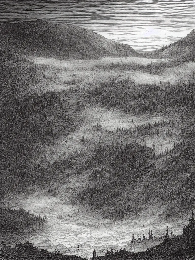 Image similar to an engraving of yellowstone national park by gustave dore and albrecht durer highly detailed, fog, depth, lithograph engraving