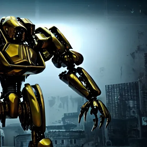 Image similar to a shiny ornate boxing humanoid mecha in ruin city, victory, bright, by war robots, real steel ( 2 0 1 1 ), westworld and eve venture and pacific rim and machine warrior 5, cryengine, frostbite 3 engine, scarlet and yellow scheme, sharp focus, 8 k, high definition, insanely detailed, soft lighting, smooth face