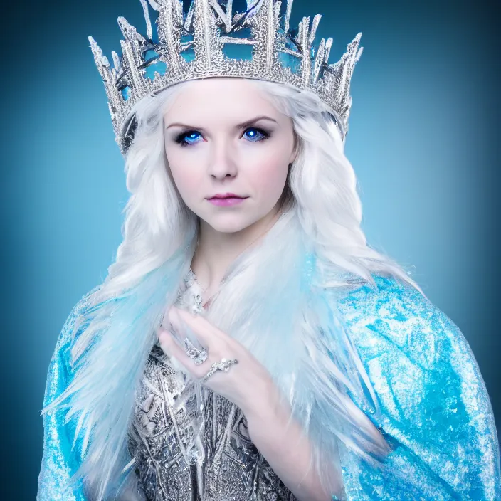 Image similar to professional photograph of a beautiful ice queen with intricate crown and cloak. Extremely detailed. 8k