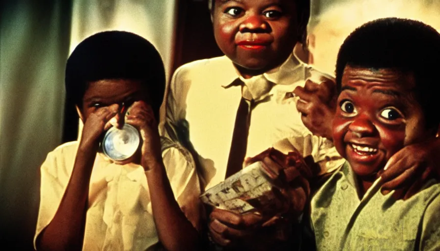 Prompt: 7 0 s film still from a horror movie of gary coleman and emmanuel lewis, kodachrome, cinecolor, cinestill, film grain, film texture, retro, cinematic, high resolution, photorealism,