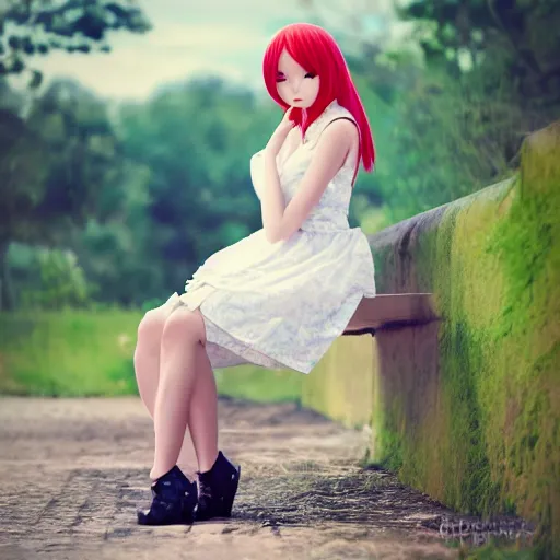 Prompt: anime kerli koiv young female model sitting on bench photography sun dress beautiful face and body, dramatic light 8 0 mm camera