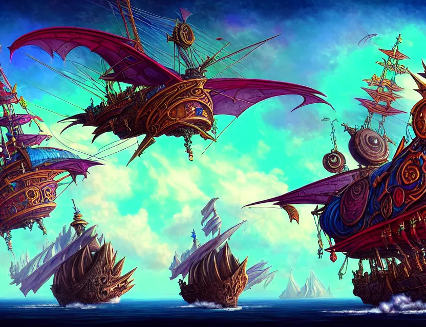 Prompt: the flying spelljammer galleon soars through the planes, amazing d & d planescape style art, trending on artstation, colorful, intricate, art by kev chan, fantasypunk, deep colors, cgsociety