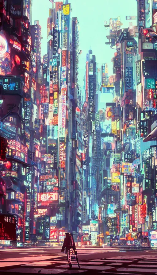 Image similar to cyberpunk street view, film still from japanese animated cyberpunk film Akira movie with art direction by Katsuhiro Otomo, wide lens, flying cards, science fiction, holograms