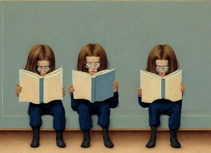 Image similar to a very boring day in school, kids wearing identical clothes reading books, teachers without faces, painting by quint buchholz and ray caesar, muted colors, gray, dull, boring, low energy, pale blue faces, very detailed