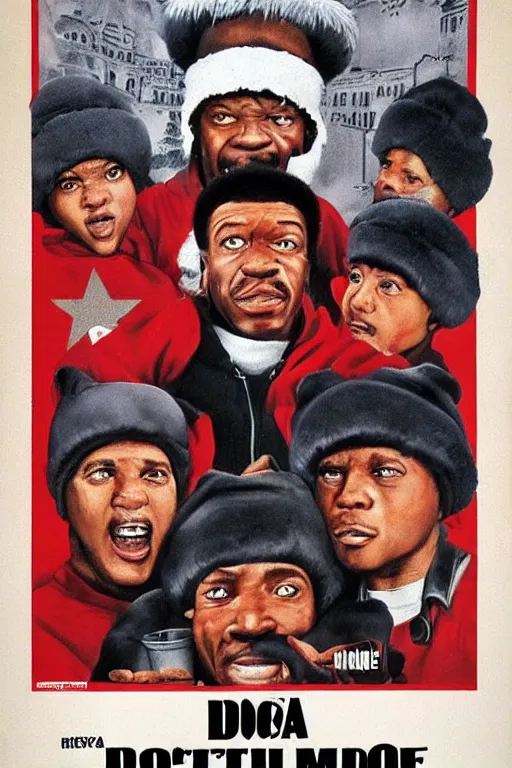 Prompt: poster the movie 1 9 8 8 ussr don't be a menace to south central while drinking your juice in the hood, perfect symmetrical eye, gray fur hat soviet soviet russian winter fur cap with earflaps ushanka, vodka kremlin babushka communist