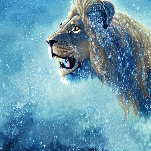 Image similar to a male lion's face breaching through a wall of water, water sprites, splashing, deep blue water color, highly detailed, realistic digital art