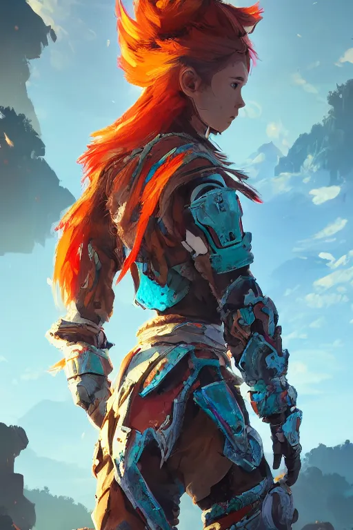 Image similar to combination suit armor aloy horizon forbidden west horizon zero dawn radiating a glowing aura global illumination ray tracing hdr fanart arstation by ian pesty and alena aenami artworks in 4 k tribal robot ninja mask helmet backpack