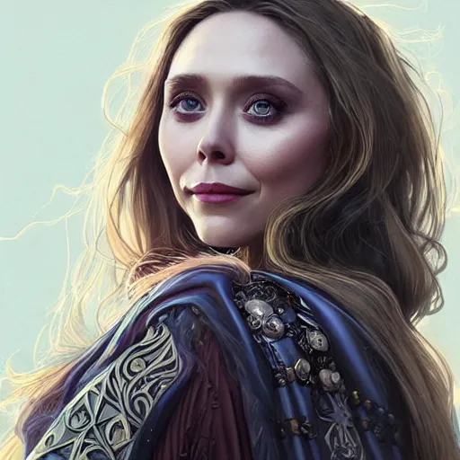 Image similar to portrait of Elizabeth Olsen as a sorceress, looking at camera, D&D, intricate, elegant, stylish, cute smile, mouth slightly open, fantasy, extremely detailed, digital painting, artstation, concept art, smooth, sharp focus, illustration, stunning lighting, art by artgerm and greg rutkowski and alphonse mucha and simon stalenhag.