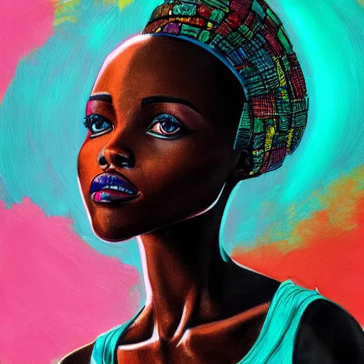 Prompt: a hyper - stylized portrait of lupita nyongo drawn by aleksander rostov, detailed, coherent, inspired by disco elysium