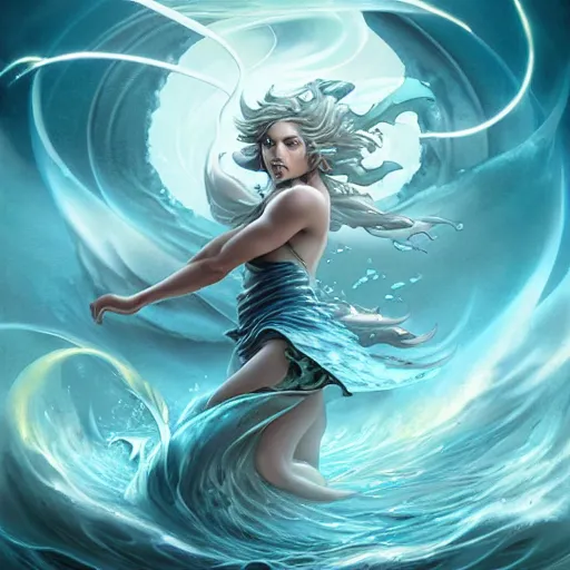 Prompt: fully clothed powerful goddess of water clothed in swirling water striding through a stormy sea, highly detailed matte fantasy painting, stormy lighting, by ross tran and artgerm and peter mohrbacher