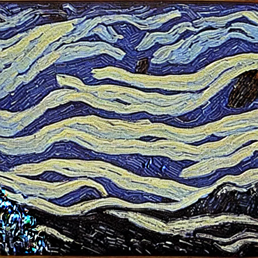 Image similar to thick impasto textured oil black and white painting of the laurentian appalachian mountains in winter by vincent van gogh, unique, original and creative landscape, snowy night, distant town lights, aurora borealis, deers and ravens, footsteps in the snow, brilliant composition