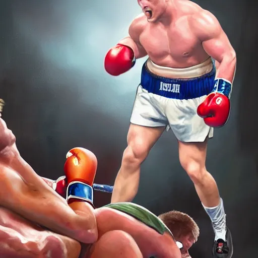 Image similar to brock lesnar in a boxing match with logan paul, artstation hall of fame gallery, editors choice, #1 digital painting of all time, most beautiful image ever created, emotionally evocative, greatest art ever made, lifetime achievement magnum opus masterpiece, the most amazing breathtaking image with the deepest message ever painted, a thing of beauty beyond imagination or words, 4k, highly detailed, cinematic lighting