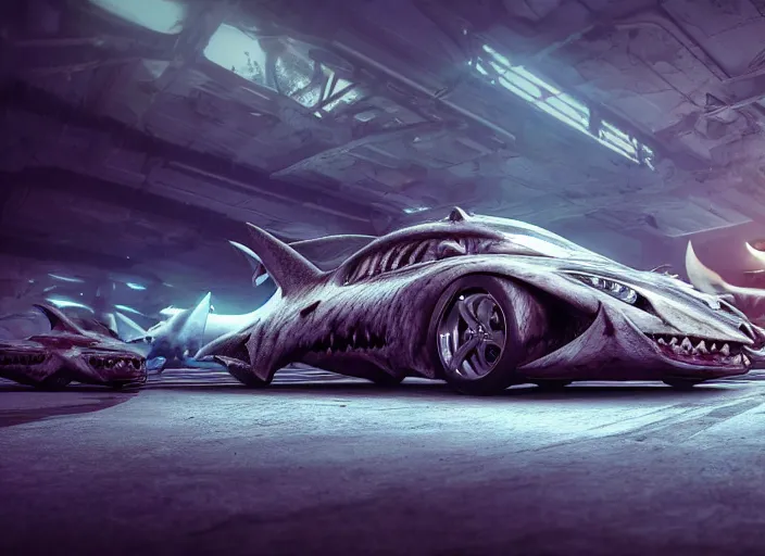 Prompt: hd wallpaper of a car made out of sharks, octane render, 8 k, hyperrealistic, unreal 5, intricate detail, cinematic, studio lighting, concept art, trending on artstation,