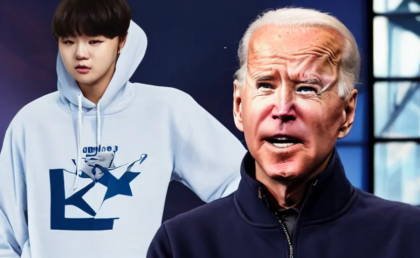 Prompt: a photo of joe biden using a bts k - pop hoodie, ultra detailed, studio photography