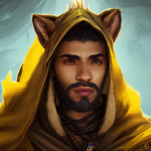 Image similar to portrait of young wild arabian nomad half werewolf, with yellow cloths, league of legends splash art, hearthstone splash art, full body shot, rule of thirds, ultrafine hyperrealistic detailed face, artgerm, greg rutkowski, trending on artstation, 8 k, intricately detailed, highly detailed