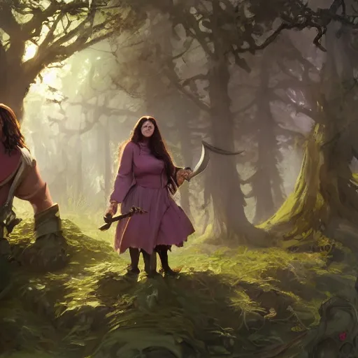 Prompt: hagrid the viking and gothic medieval morticia addams walking in enchanted forest in a sunny day, jodhpurs greg manchess painting by sargent and leyendecker, studio ghibli fantasy medium shot asymmetrical intricate elegant matte painting illustration hearthstone, by greg rutkowski by greg tocchini by james gilleard