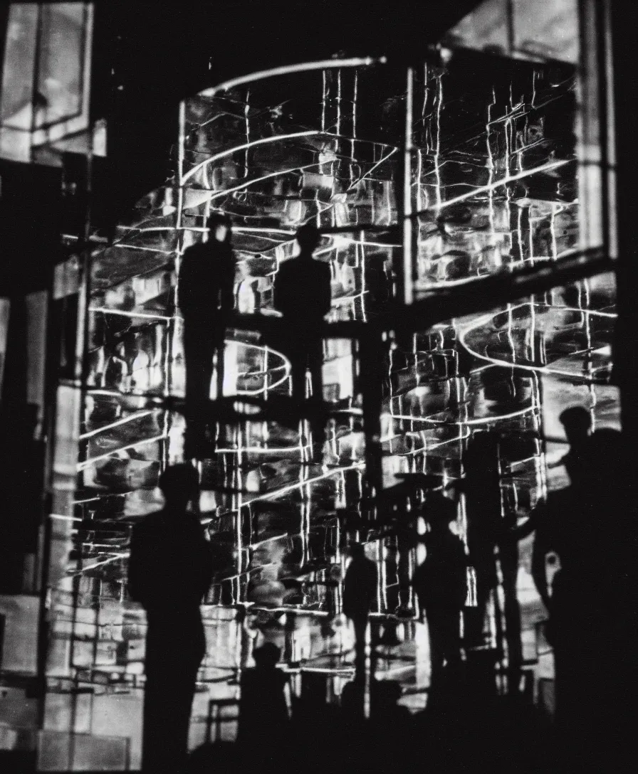 Image similar to vintage photo of an old theater, silhoutte observers watching themselves through a giant mirror reflection on stage, 4k, highly detailed, black and white photography, frontal perspective