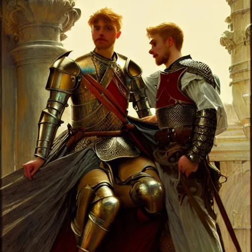 Image similar to attractive arthur pendragon and his attractive male knight, they are in love, natural lighting, path traced, highly detailed, high quality, digital painting, by gaston bussiere, craig mullins, alphonse mucha j. c. leyendecker