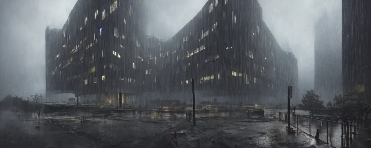 Image similar to brutalist architecture, metal, concrete, mist, rain, night, dramatic lighting, lightning bolt, trending on Artstation, 8k, highly realistic, hyper detailed, unreal engine 5, IMAX quality, realistic, cinematic, epic lighting, realistic, in the style of Greg Rutkowski