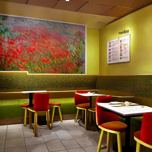 Prompt: mcdonalds designed by Claude Monet, interior photography