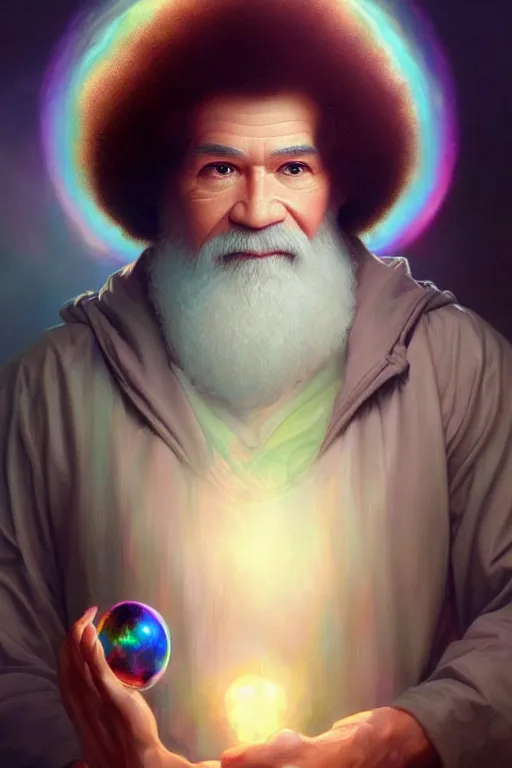 Prompt: bob ross android, dreamy and ethereal,, fantasy, intricate, elegant, rainbow bubbles, highly detailed, digital painting, artstation, concept art, smooth, sharp focus, illustration, art by artgerm and greg rutkowski and alphonse mucha