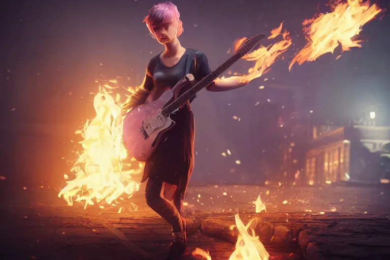 Prompt: An awesome image of a short-haired, lilac-eyed girl with a guitar spewing fire, trending on Artstation, 8k, photorealistic, hyper detailed, unreal engine 5, IMAX quality, cinematic, epic lighting, in the style of Greg Rutkowski