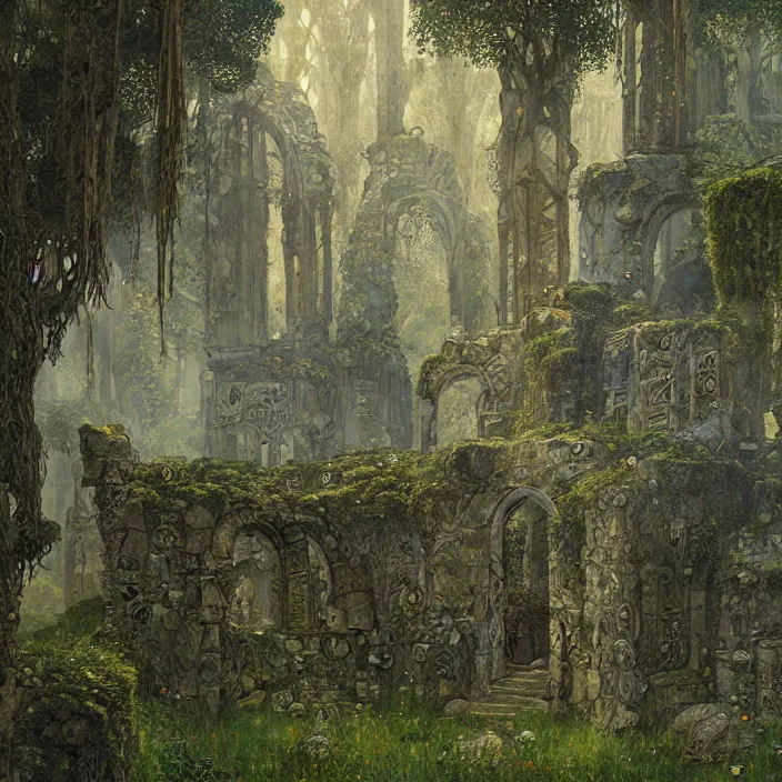 Image similar to ancient overgrown! ruins, medieval gates, runestones, mysetrious etherial mesmerizing runic!!, eyes, magical elven geometry, concept art by gustav klimt!, deviantart contest winner, environmental art, high detail, greg rutkowski