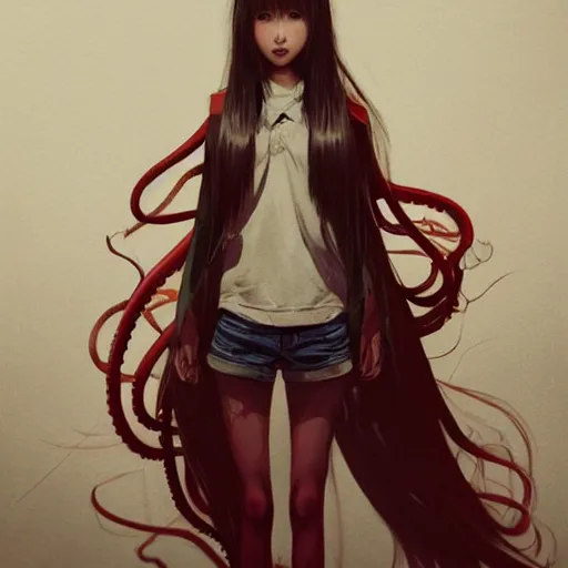 Prompt: full body portrait of a korean schoolgirl with long hair and bangs, her arms are thin red tentacles, dramatic lighting, illustration by Greg rutkowski, yoji shinkawa, 4k, digital art, concept art, trending on artstation