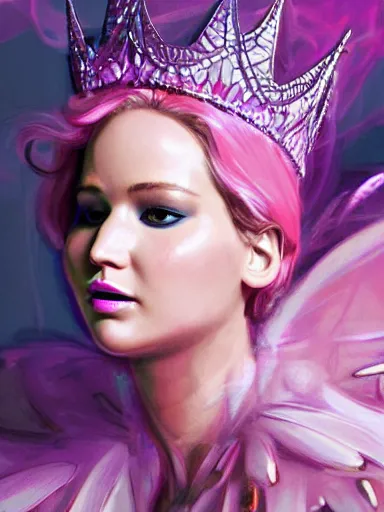 Image similar to pink portrait of beautiful female angel queen Jennifer Lawrence head wearing shiny pink crown, subtle purple accents, hyper details, black metal rococo, sculpted by Alex Alice, Craig Mullins, yoji shinkawa, trending on artstation, beautifully lit, Peter mohrbacher, hyper detailed, insane details, intricate, elite, elegant, luxury, ray of light through smoke, CGsociety, hypermaximalist, golden ratio, volumetric, octane render, weta digital, micro details, 3d sculpture