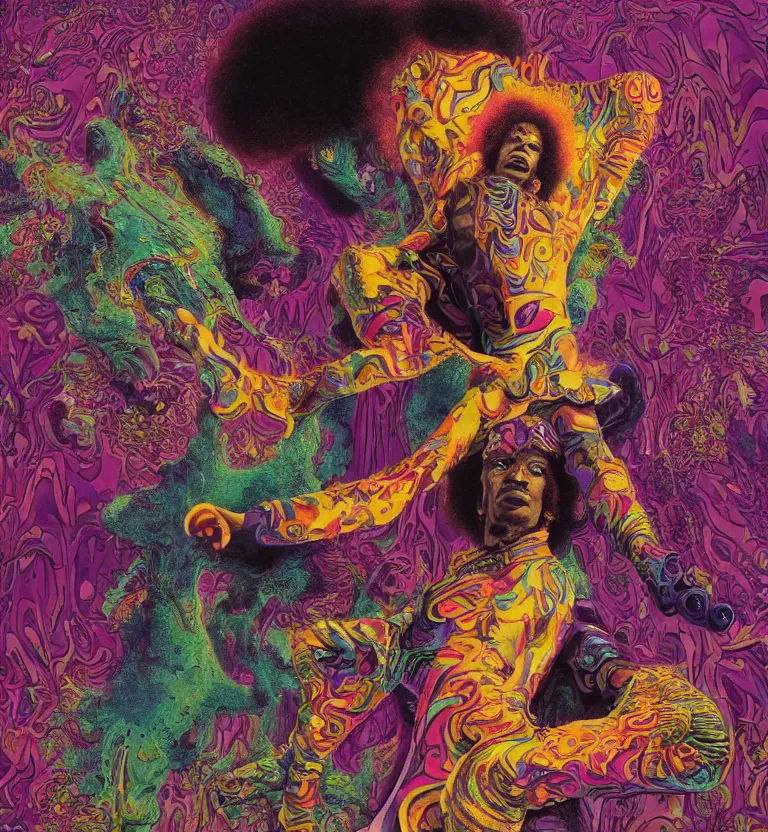 Prompt: jimi hendrix full body, colourful afrofuturist biomorphic opart in background, octane render 8 k, pascal blanche, josh kirby, roger dean, james jean, giger, arthur rackham, moebius, syd mead, killian eng, beksinski, greg hildebrandt, scifi, 8 k