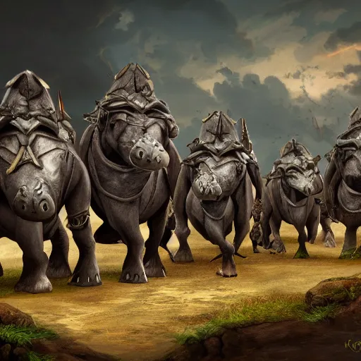 Image similar to fantasy art 4 k photo of knight armored hippos ready for battle