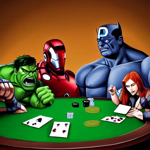 Image similar to The Avengers playing Texas Hold'em Poker at a round table, Hulk going all in, trending digital art, artstation