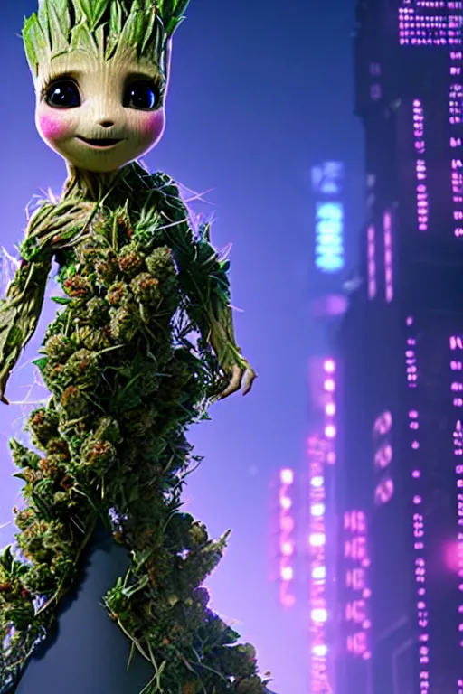 Prompt: high quality 3 d render very cute beautiful creature with a cannabis inflorescence instead of a head, like baby groot! incorporated speakers!, cyberpunk highly detailed, unreal engine cinematic smooth, in the style of blade runner & detective pikachu, hannah yata charlie immer, moody light, low angle, uhd 8 k, sharp focus