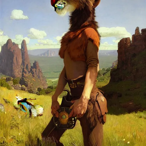 Image similar to wild west portrait of furry anthro anthropomorphic mountain lion head animal person fursona wearing clothes in the valley, sunny day, digital art by Nerdrum John, William Waterhouse, Winslow Homer, Alex Heywood, Jordan Grimmer, Darren Quach, Greg Rutkowski, Simon Stalenhag, trending on Artstation, CGSociety