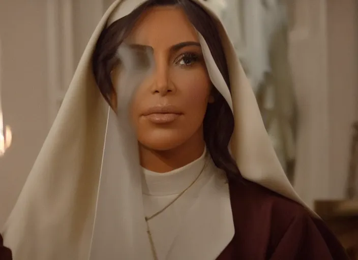 Image similar to a movie still of kim kardashian as a nun with her bust slightly showing. backround : church interior