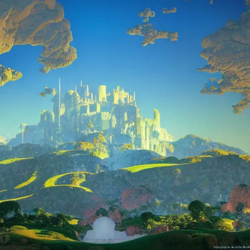 Image similar to !dream a landscape of a big and structured fantasy kingdom city by Maxfield Parrish, digital art 8k, trending on artstation