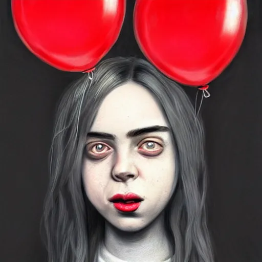 Prompt: surrealism grunge cartoon portrait sketch of billie eilish with a wide smile and a red balloon by - michael karcz, loony toons style, family guy style style, horror theme, detailed, elegant, intricate