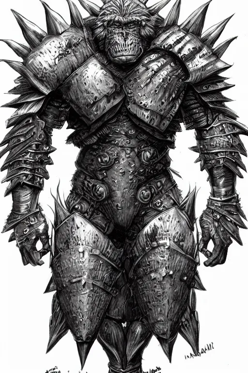 Image similar to armoured warrior humanoid ape monster, symmetrical, highly detailed, digital art, artichoke themed armour, sharp focus, trending on art station, kentaro miura manga art style