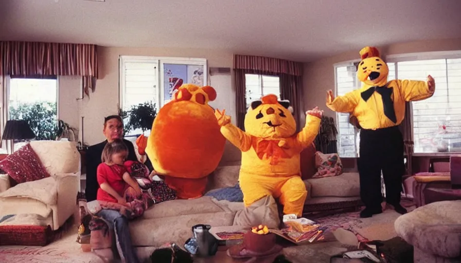 Image similar to 1990s candid 35mm photo of a beautiful day in the family living room, cinematic lighting, cinematic look, golden hour, a very large, oversized Japanese magical costumed luxury toy salesman mascot is teleporting out of the TV and aggressively selling the family and kids luxury toys by force, the costumed salesman is a very large giant, he has fancy decorations on his costume, there is a big luxury toy in the living room with the family, UHD