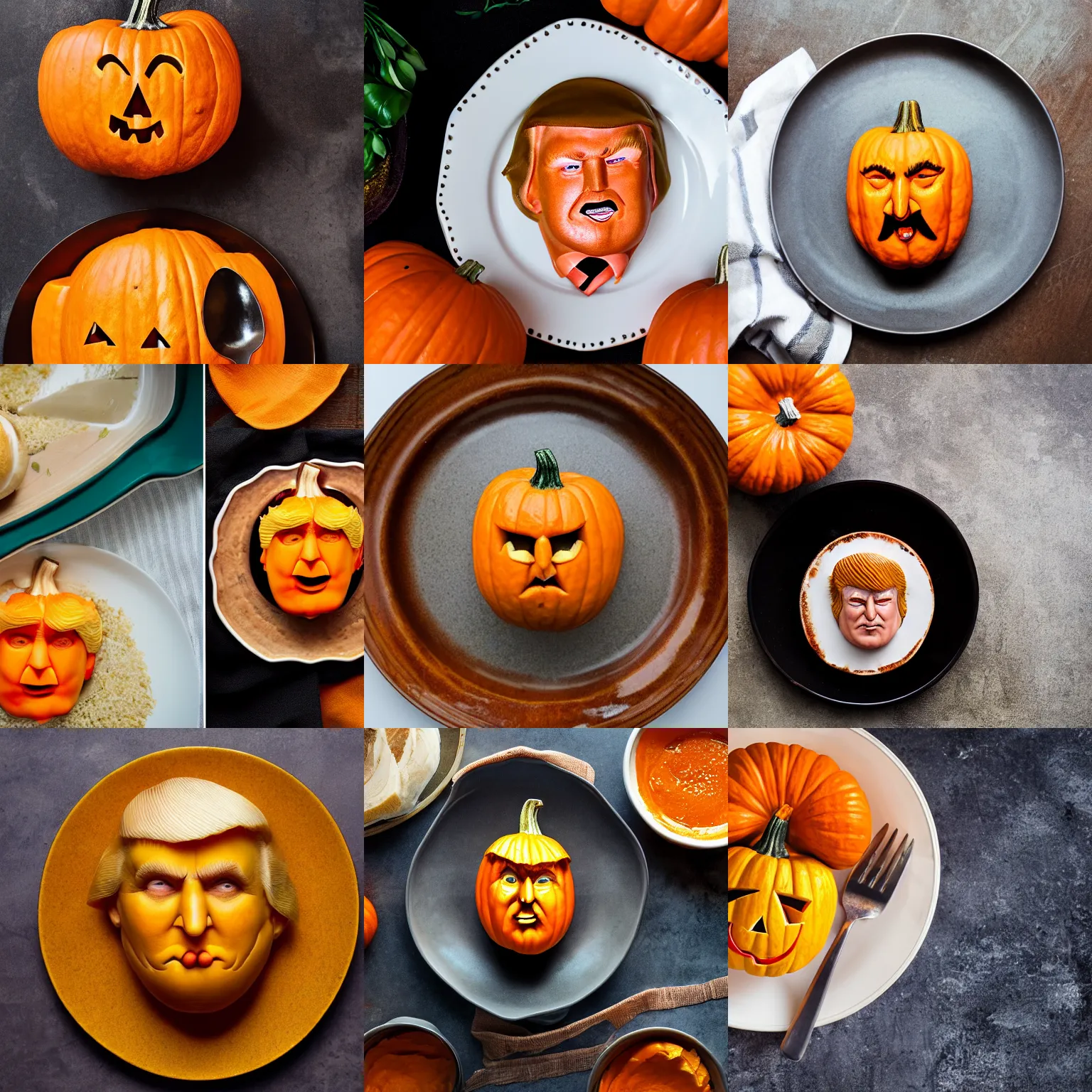 Prompt: pumpkin dish that looks like donald trump, cuisine, top view, sigma 8 5 mm