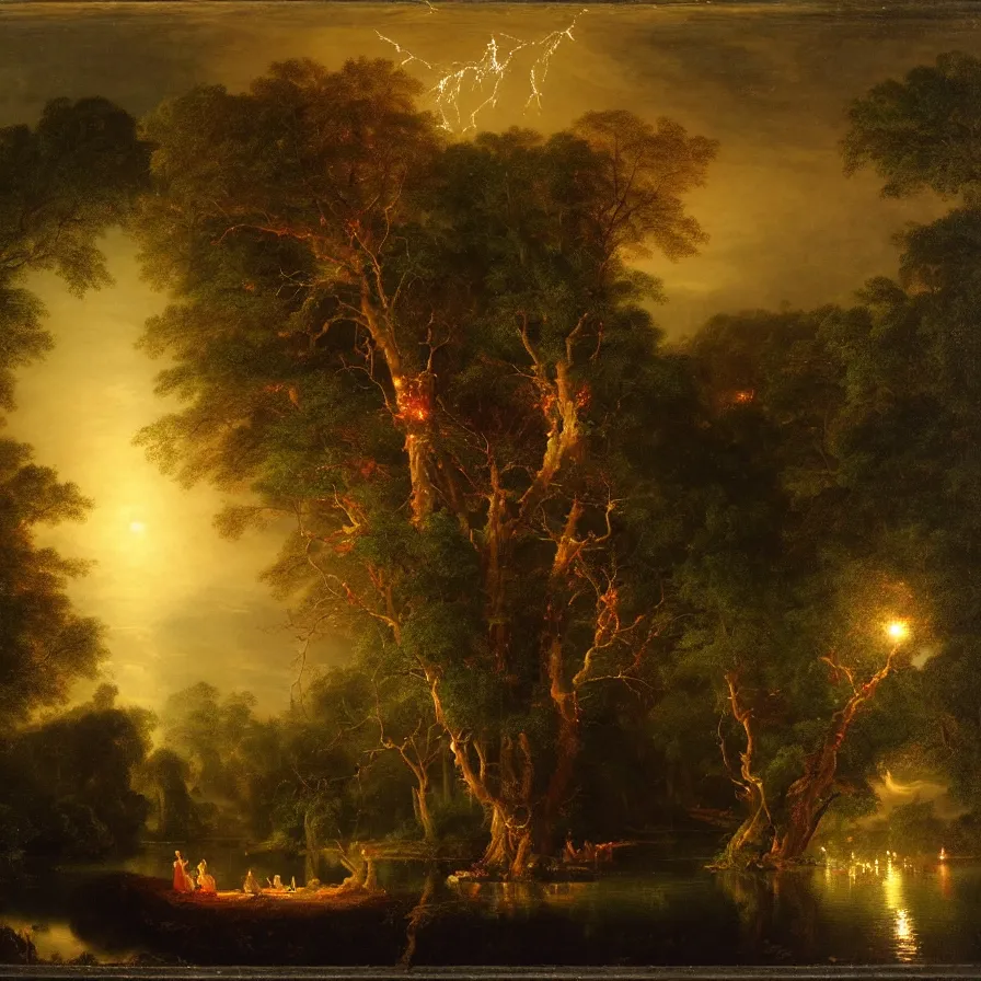 Prompt: a night carnival around a magical tree cavity with a rounded scenario with many fireworks and christmas lights, with a surreal orange moonlight, next to a lake with iridiscent water, volumetric lightning, folklore people disguised as fantastic creatures in a magical forest by summer night, masterpiece painted by thomas cole, scene by night, dark night environment, refraction lights, glares