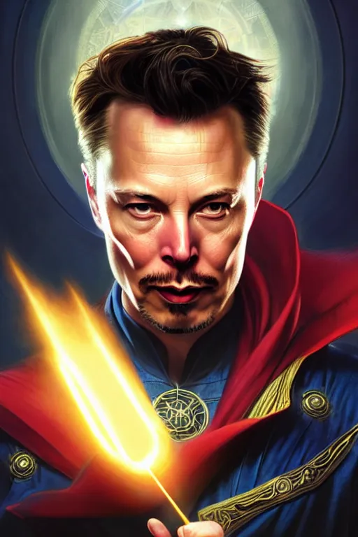 Image similar to elon musk as dr strange, realistic portrait, symmetrical, highly detailed, digital painting, artstation, concept art, smooth, sharp focus, illustration, cinematic lighting, art by artgerm and greg rutkowski and alphonse mucha