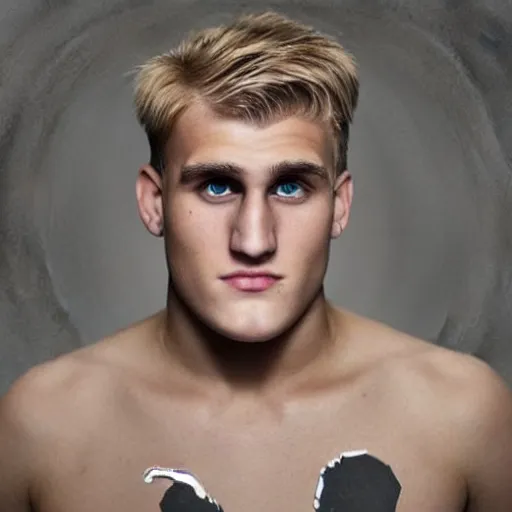 Image similar to a realistic detailed photo of boxer & youtuber jake paul with a mind control chip on his head, blank stare, shiny skin, becoming a mindless robot