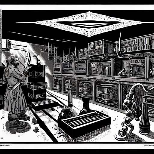 Image similar to ancient alchemist wizards laboratory, high details, lineart, by vincent di fate, inking, 3 color screen print, masterpiece, trending on artstation, sharp, high contrast, hyper - detailed, hd, 4 k, 8 k