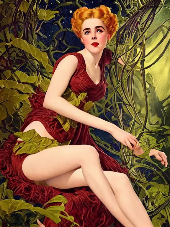 Image similar to kiernan shipka as the goddess Lilith mother of witches and vampires, a beautiful art nouveau portrait by Gil elvgren, moonlit lush jungle garden of Eden environment, centered composition, defined features, golden ratio, intricate gold jewlery