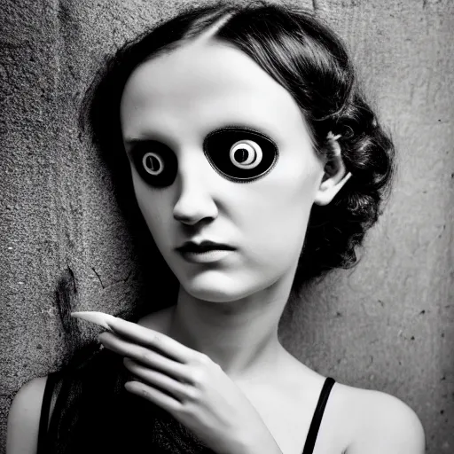 Image similar to old monochrom portrait photography of a beautiful girl with one eye, cyclops, in a victorian decor, by man ray, alfred ghisoland, gemmy woud - binendijk, erwin olaf, 4 k,