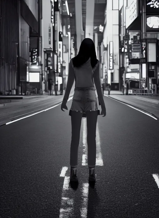 Image similar to headless girl standing in the middle of the tokyo street, photorealistic, canon r 3, symmetry, octane render, unreal engine, dramatic lights