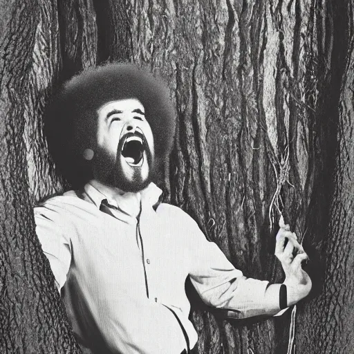 Image similar to bob ross screaming stuck in a tree