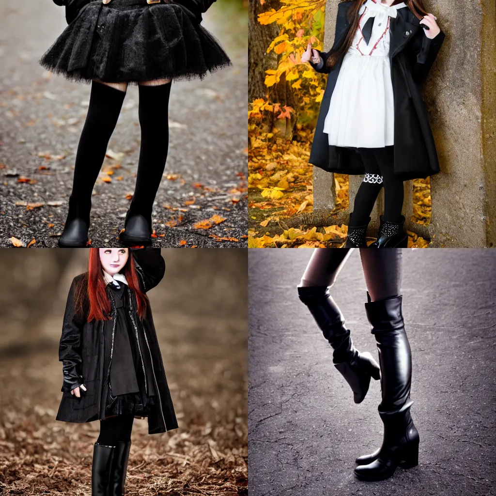 Prompt: a photo of a preteen vampire girl wearing a coat and black boots, full body shot, 8k, very detailed