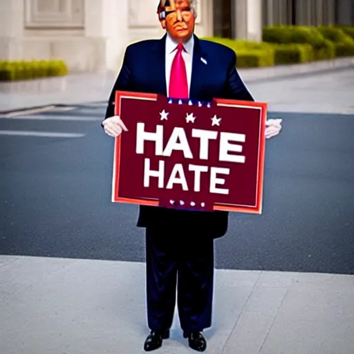 Prompt: a photo of Donald Trump holding a sign that says 'I hate signs !', cinematic